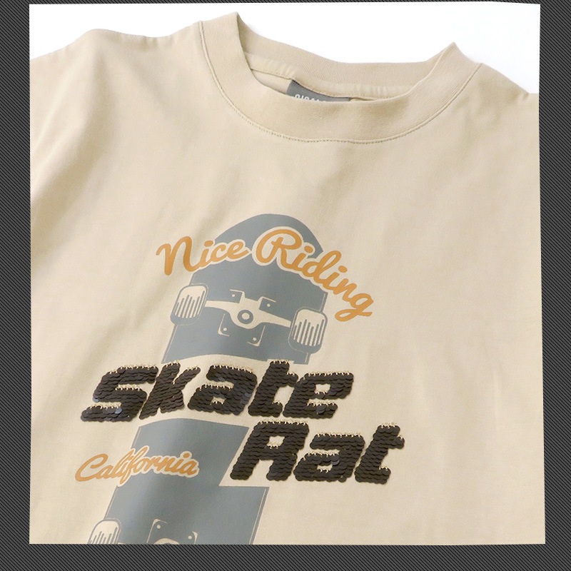 キッズ Tシャツ 半袖 プリント スパンコール 男の子 ( 130-160cm ) 子供服 トップス カットソー ゆったり ドロップショルダー 天竺 男の子 女の子 スクール ジュニア 130cm 140cm 150cm 160cm ストリート スケーター カジュアル