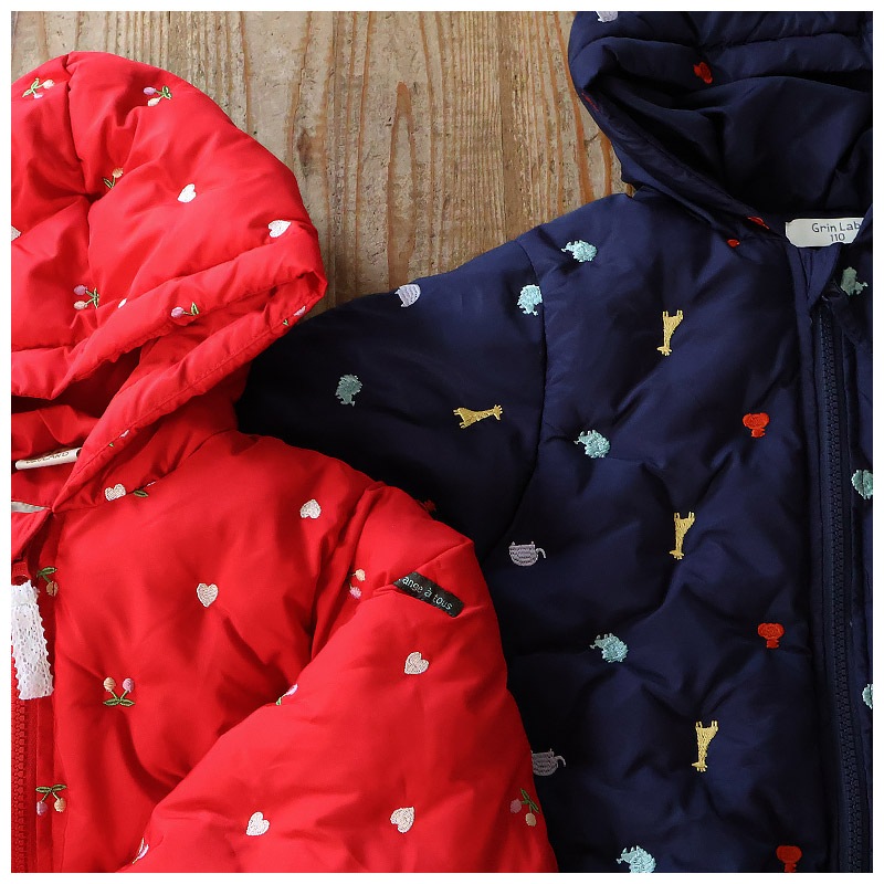キッズ ベビー ジャケット 中綿入り 刺繍 総柄 フード付き 男の子 女の子 ポケット付き 【GrinLab グリンラボ】 チェリー ハート アニマル 動物 中綿ジャケット 中綿アウター 中わた入り 軽量 洗える 保温 防寒 防寒着 冬服 暖かい 軽い 通園 通学 80 90 95 100 110 120 130
