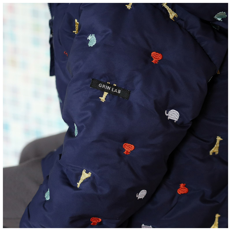 キッズ ベビー ジャケット 中綿入り 刺繍 総柄 フード付き 男の子 女の子 ポケット付き 【GrinLab グリンラボ】 チェリー ハート アニマル 動物 中綿ジャケット 中綿アウター 中わた入り 軽量 洗える 保温 防寒 防寒着 冬服 暖かい 軽い 通園 通学 80 90 95 100 110 120 130