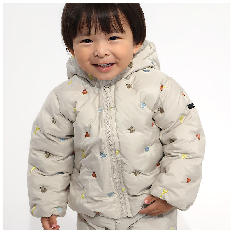 キッズ ベビー ジャケット 中綿入り 刺繍 総柄 フード付き 男の子 女の子 ポケット付き 【GrinLab グリンラボ】 チェリー ハート アニマル 動物 中綿ジャケット 中綿アウター 中わた入り 軽量 洗える 保温 防寒 防寒着 冬服 暖かい 軽い 通園 通学 80 90 95 100 110 120 130