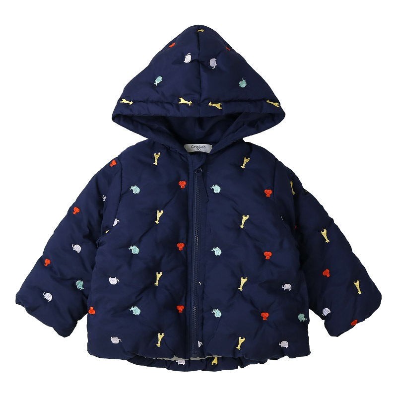 キッズ ベビー ジャケット 中綿入り 刺繍 総柄 フード付き 男の子 女の子 ポケット付き 【GrinLab グリンラボ】 チェリー ハート アニマル 動物 中綿ジャケット 中綿アウター 中わた入り 軽量 洗える 保温 防寒 防寒着 冬服 暖かい 軽い 通園 通学 80 90 95 100 110 120 130
