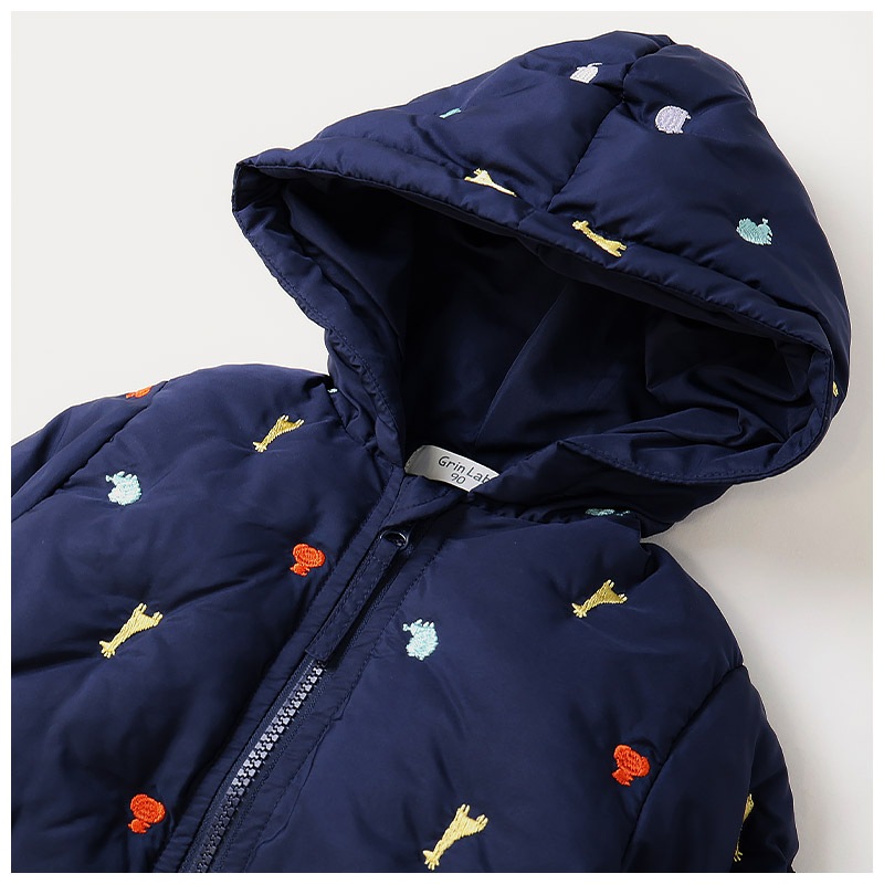 キッズ ベビー ジャケット 中綿入り 刺繍 総柄 フード付き 男の子 女の子 ポケット付き 【GrinLab グリンラボ】 チェリー ハート アニマル 動物 中綿ジャケット 中綿アウター 中わた入り 軽量 洗える 保温 防寒 防寒着 冬服 暖かい 軽い 通園 通学 80 90 95 100 110 120 130