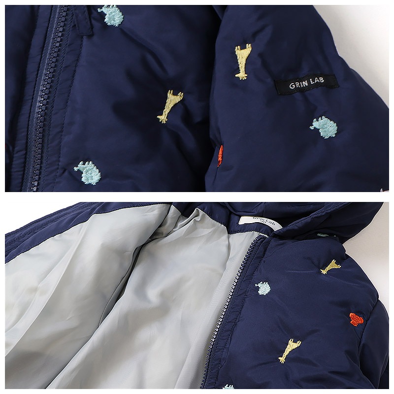 キッズ ベビー ジャケット 中綿入り 刺繍 総柄 フード付き 男の子 女の子 ポケット付き 【GrinLab グリンラボ】 チェリー ハート アニマル 動物 中綿ジャケット 中綿アウター 中わた入り 軽量 洗える 保温 防寒 防寒着 冬服 暖かい 軽い 通園 通学 80 90 95 100 110 120 130