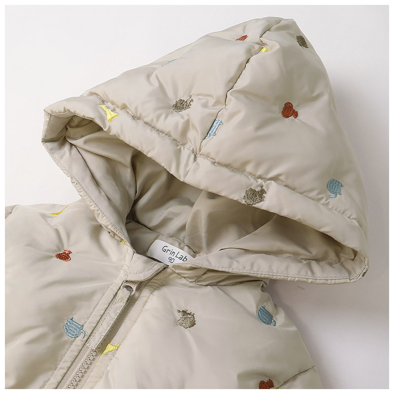 キッズ ベビー ジャケット 中綿入り 刺繍 総柄 フード付き 男の子 女の子 ポケット付き 【GrinLab グリンラボ】 チェリー ハート アニマル 動物 中綿ジャケット 中綿アウター 中わた入り 軽量 洗える 保温 防寒 防寒着 冬服 暖かい 軽い 通園 通学 80 90 95 100 110 120 130