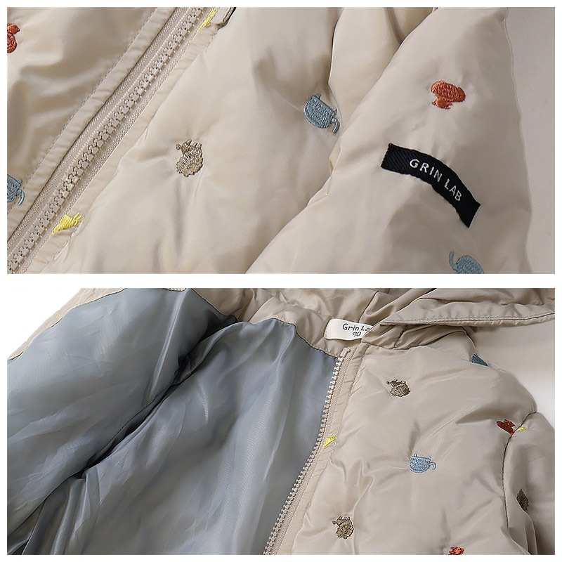 キッズ ベビー ジャケット 中綿入り 刺繍 総柄 フード付き 男の子 女の子 ポケット付き 【GrinLab グリンラボ】 チェリー ハート アニマル 動物 中綿ジャケット 中綿アウター 中わた入り 軽量 洗える 保温 防寒 防寒着 冬服 暖かい 軽い 通園 通学 80 90 95 100 110 120 130