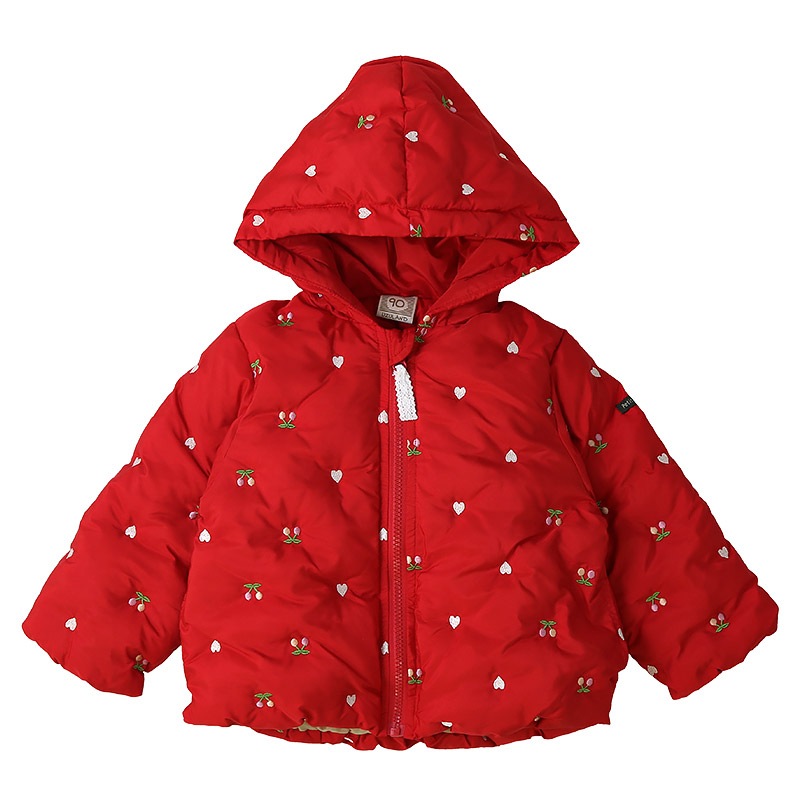 キッズ ベビー ジャケット 中綿入り 刺繍 総柄 フード付き 男の子 女の子 ポケット付き 【GrinLab グリンラボ】 チェリー ハート アニマル 動物 中綿ジャケット 中綿アウター 中わた入り 軽量 洗える 保温 防寒 防寒着 冬服 暖かい 軽い 通園 通学 80 90 95 100 110 120 130