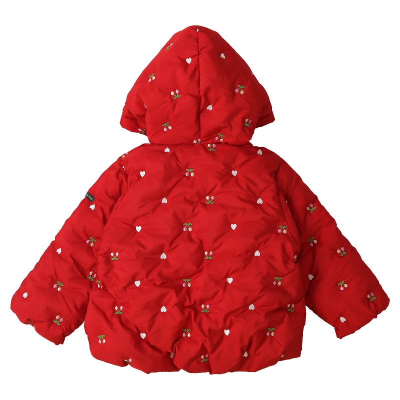 キッズ ベビー ジャケット 中綿入り 刺繍 総柄 フード付き 男の子 女の子 ポケット付き 【GrinLab グリンラボ】 チェリー ハート アニマル 動物 中綿ジャケット 中綿アウター 中わた入り 軽量 洗える 保温 防寒 防寒着 冬服 暖かい 軽い 通園 通学 80 90 95 100 110 120 130