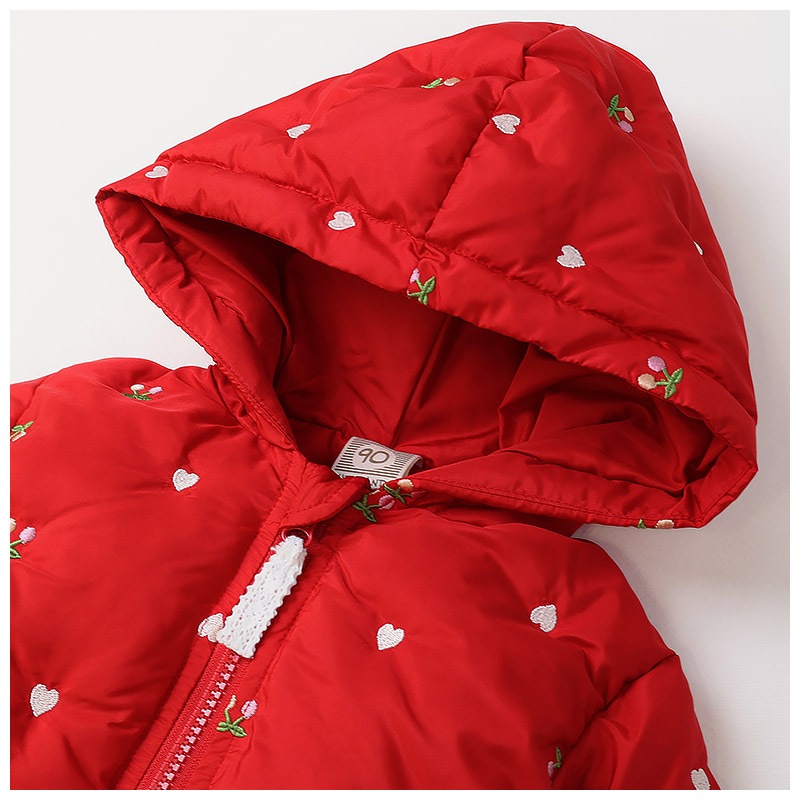 キッズ ベビー ジャケット 中綿入り 刺繍 総柄 フード付き 男の子 女の子 ポケット付き 【GrinLab グリンラボ】 チェリー ハート アニマル 動物 中綿ジャケット 中綿アウター 中わた入り 軽量 洗える 保温 防寒 防寒着 冬服 暖かい 軽い 通園 通学 80 90 95 100 110 120 130