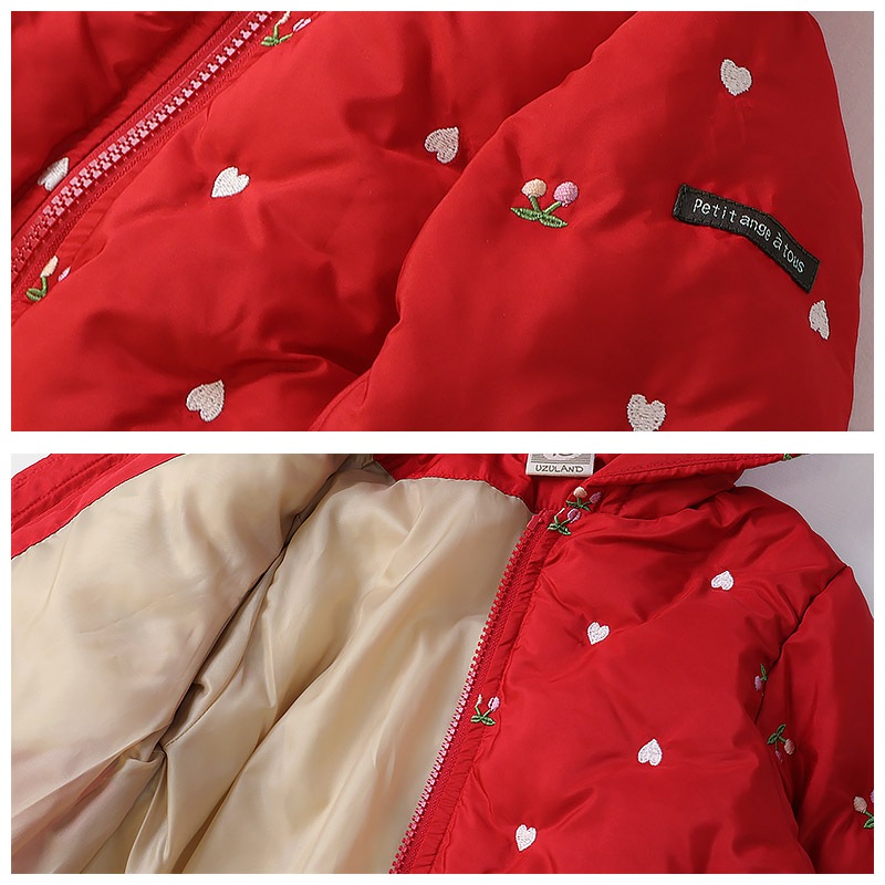 キッズ ベビー ジャケット 中綿入り 刺繍 総柄 フード付き 男の子 女の子 ポケット付き 【GrinLab グリンラボ】 チェリー ハート アニマル 動物 中綿ジャケット 中綿アウター 中わた入り 軽量 洗える 保温 防寒 防寒着 冬服 暖かい 軽い 通園 通学 80 90 95 100 110 120 130