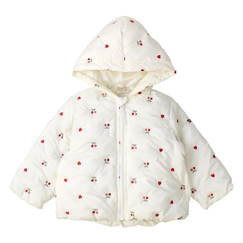 キッズ ベビー ジャケット 中綿入り 刺繍 総柄 フード付き 男の子 女の子 ポケット付き 【GrinLab グリンラボ】 チェリー ハート アニマル 動物 中綿ジャケット 中綿アウター 中わた入り 軽量 洗える 保温 防寒 防寒着 冬服 暖かい 軽い 通園 通学 80 90 95 100 110 120 130