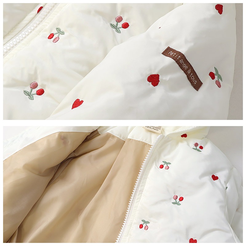 キッズ ベビー ジャケット 中綿入り 刺繍 総柄 フード付き 男の子 女の子 ポケット付き 【GrinLab グリンラボ】 チェリー ハート アニマル 動物 中綿ジャケット 中綿アウター 中わた入り 軽量 洗える 保温 防寒 防寒着 冬服 暖かい 軽い 通園 通学 80 90 95 100 110 120 130