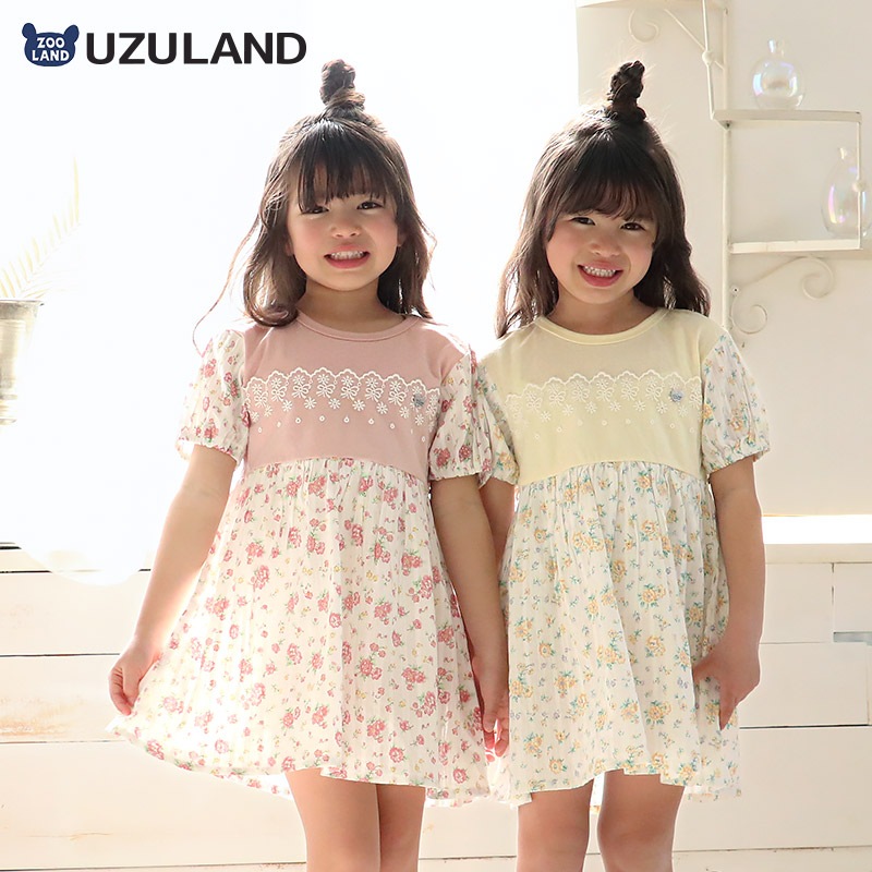 ガールズ ワンピース 半袖 花柄 女の子 キッズ ベビー チャーム付【UZULAND ウズランド】切り替え 袖切替 ジャカード シャツワンピ 半袖ワンピ ブラウス ギャザー ピンク イエロー 女子 可愛い かわいい 80 90 95 100 110 120 130