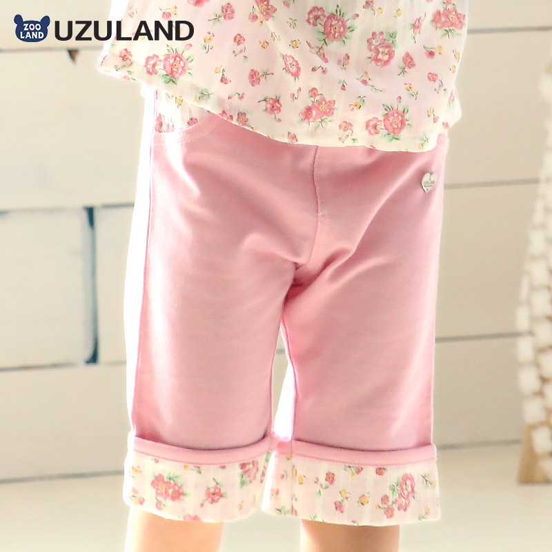ガールズ ハーフパンツ 5分丈 ニットデニム 半ズボン 女の子 花柄 フラワー ポケット付【UZULAND ウズランド】キッズ ベビー 短パン デニム 裾 ウエストゴム デザイン 折り返し 伸縮 ストレッチ カジュアル ピンク ネイビー 可愛い かわいい 80 90 95 100 110 120 130