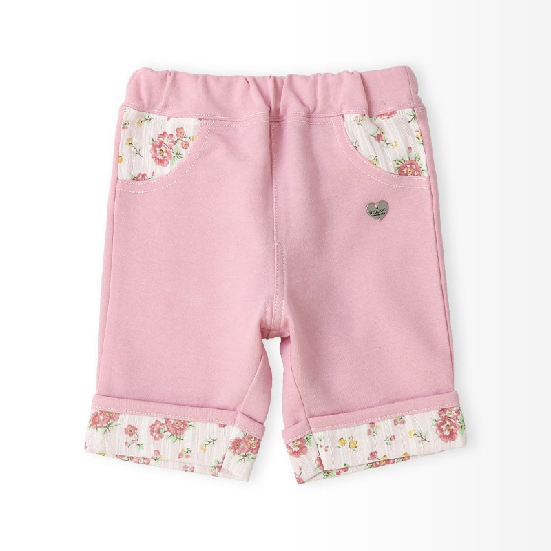 ガールズ ハーフパンツ 5分丈 ニットデニム 半ズボン 女の子 花柄 フラワー ポケット付【UZULAND ウズランド】キッズ ベビー 短パン デニム 裾 ウエストゴム デザイン 折り返し 伸縮 ストレッチ カジュアル ピンク ネイビー 可愛い かわいい 80 90 95 100 110 120 130
