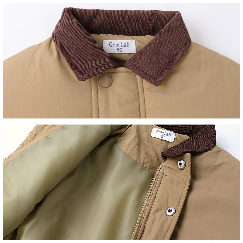 キッズ ベビー ジャケット 中綿入り 撥水加工 コーデュロイ襟 男の子 女の子 ポケット付き 【GrinLab グリンラボ】 中綿ジャケット 中綿アウター ブルゾン 衿付き 中わた入り 軽量 洗える アウトドア 保温 防寒 防寒着 冬服 暖かい 軽い 通園 通学 80 90 95 100 110 120 130