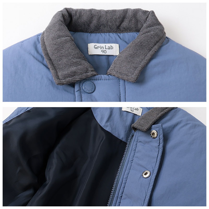 キッズ ベビー ジャケット 中綿入り 撥水加工 コーデュロイ襟 男の子 女の子 ポケット付き 【GrinLab グリンラボ】 中綿ジャケット 中綿アウター ブルゾン 衿付き 中わた入り 軽量 洗える アウトドア 保温 防寒 防寒着 冬服 暖かい 軽い 通園 通学 80 90 95 100 110 120 130