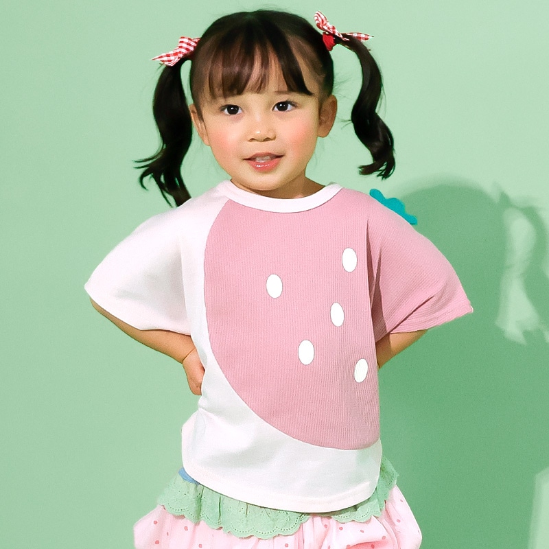 イチゴ/パインのヘタ付き切替フルーツTシャツ【フルーツ天国】｜80-130cm