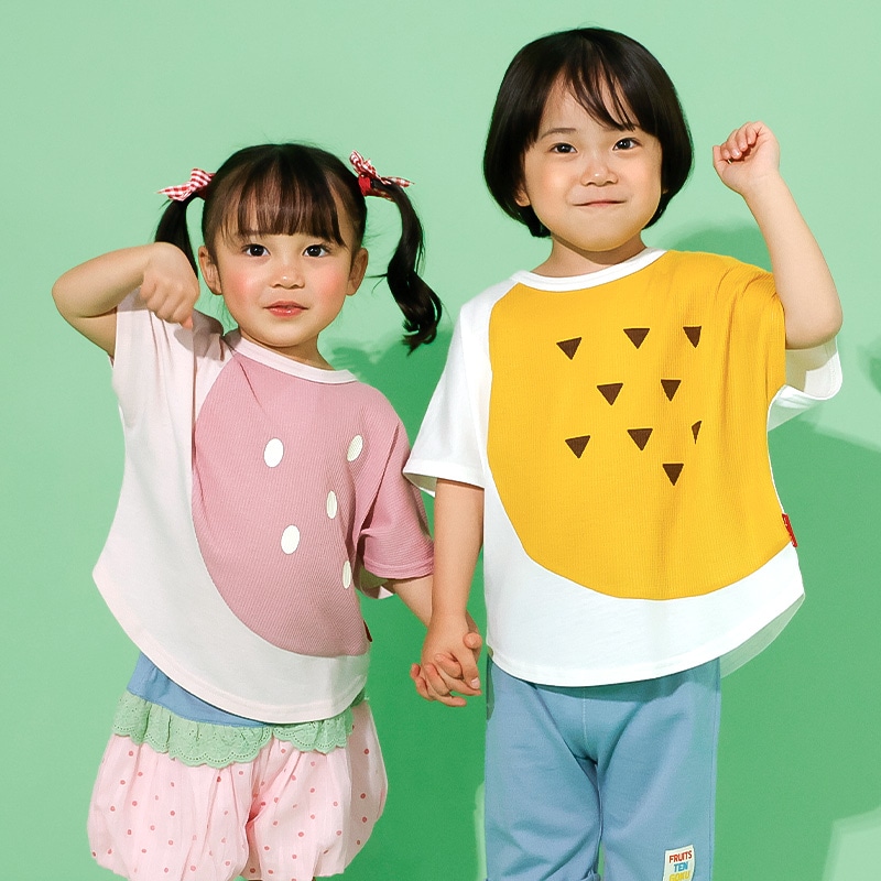 イチゴ/パインのヘタ付き切替フルーツTシャツ【フルーツ天国】｜80-130cm