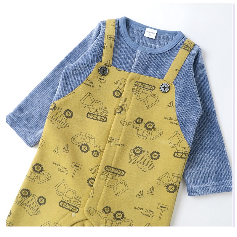 ベビー カバーオール 長袖 ロンパース 裏起毛 男の子 働く車 サロペット 重ね着風 ( 70-80cm) ベビー服 ベビーウエア 子供服 キッズ つなぎ 新生児 出産祝い ギフト 前開き 男児 赤ちゃん クルマ