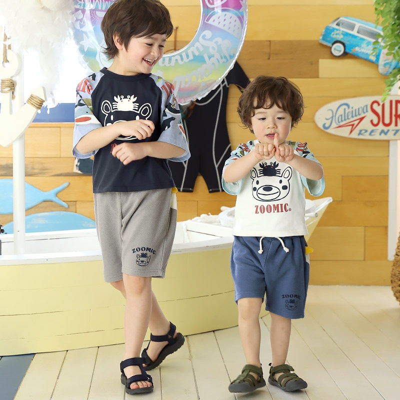 キッズ 5分丈パンツ ハーフパンツ 男の子 女の子 イージーパンツ 【ZOOMIC ズーミック】 ベビー ストレッチ ズボン ボトムス 短パン ジャカード天竺 伸縮 ウエストゴム アニマル 動物 ペンギン くま キャラクター 男児 女児 80 90 95 100 110 120 130