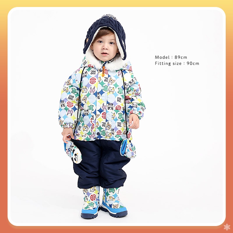 ジャンプスーツ ベビー キッズ 男の子 女の子 中綿入り 防寒 保温 撥水加工 ( 80-100cm )【 ZOOMIC ズーミック 】 ファー付き フード アウター ジャケット スノーウェア スキーウェア スノーコンビ つなぎ 雪遊び くま クマ ぱんだ パンダ 動物 総柄 80cm 90cm 95cm 100cm