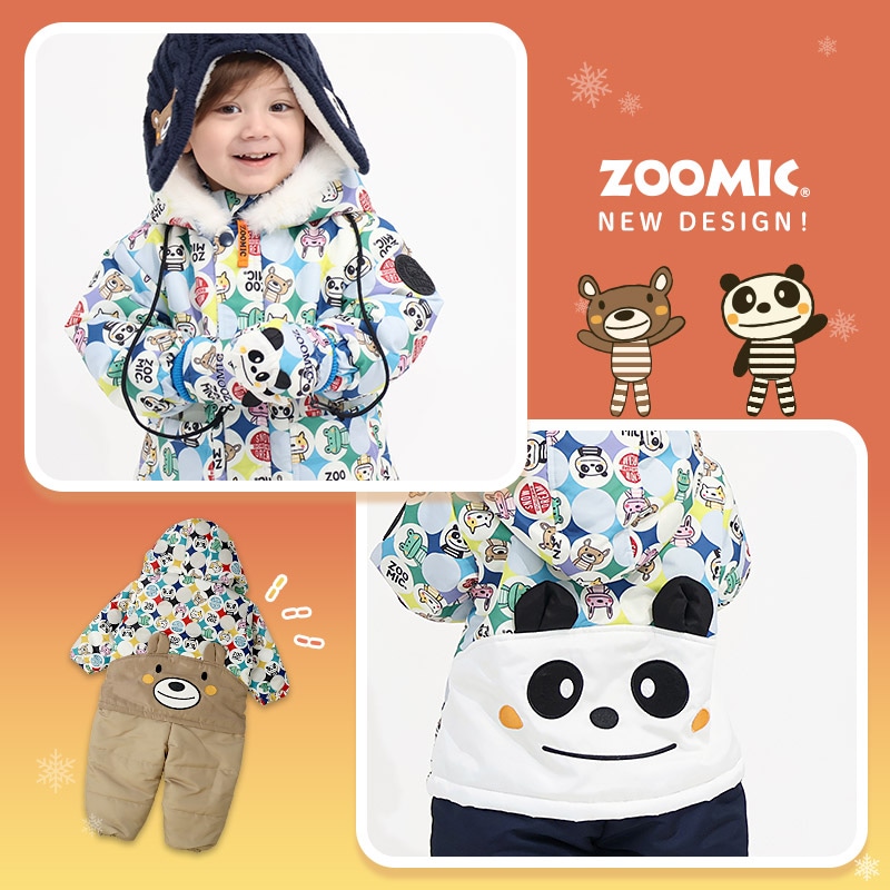 ジャンプスーツ ベビー キッズ 男の子 女の子 中綿入り 防寒 保温 撥水加工 ( 80-100cm )【 ZOOMIC ズーミック 】 ファー付き フード アウター ジャケット スノーウェア スキーウェア スノーコンビ つなぎ 雪遊び くま クマ ぱんだ パンダ 動物 総柄 80cm 90cm 95cm 100cm