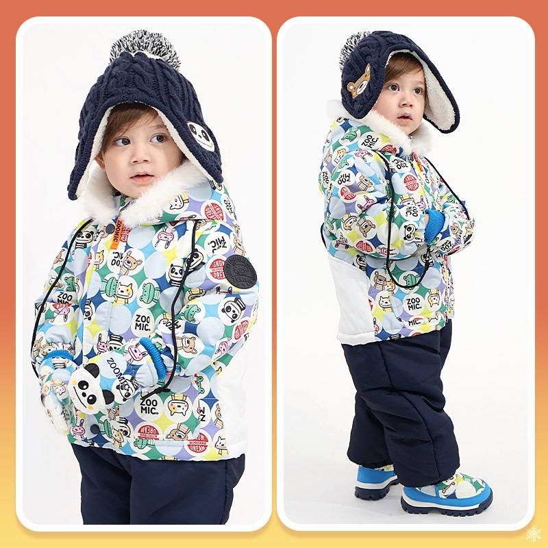 ジャンプスーツ ベビー キッズ 男の子 女の子 中綿入り 防寒 保温 撥水加工 ( 80-100cm )【 ZOOMIC ズーミック 】 ファー付き フード アウター ジャケット スノーウェア スキーウェア スノーコンビ つなぎ 雪遊び くま クマ ぱんだ パンダ 動物 総柄 80cm 90cm 95cm 100cm