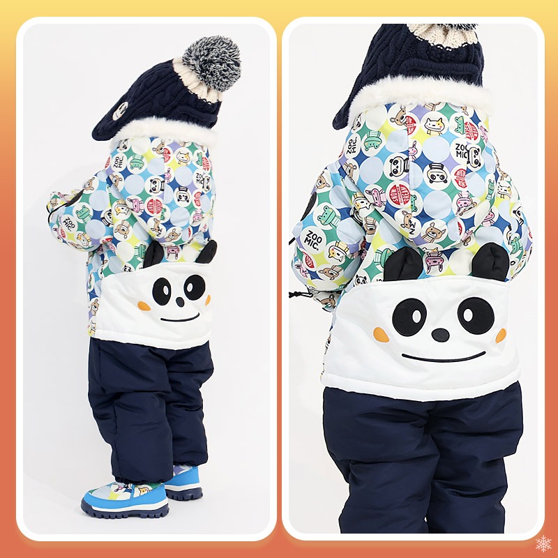 ジャンプスーツ ベビー キッズ 男の子 女の子 中綿入り 防寒 保温 撥水加工 ( 80-100cm )【 ZOOMIC ズーミック 】 ファー付き フード アウター ジャケット スノーウェア スキーウェア スノーコンビ つなぎ 雪遊び くま クマ ぱんだ パンダ 動物 総柄 80cm 90cm 95cm 100cm