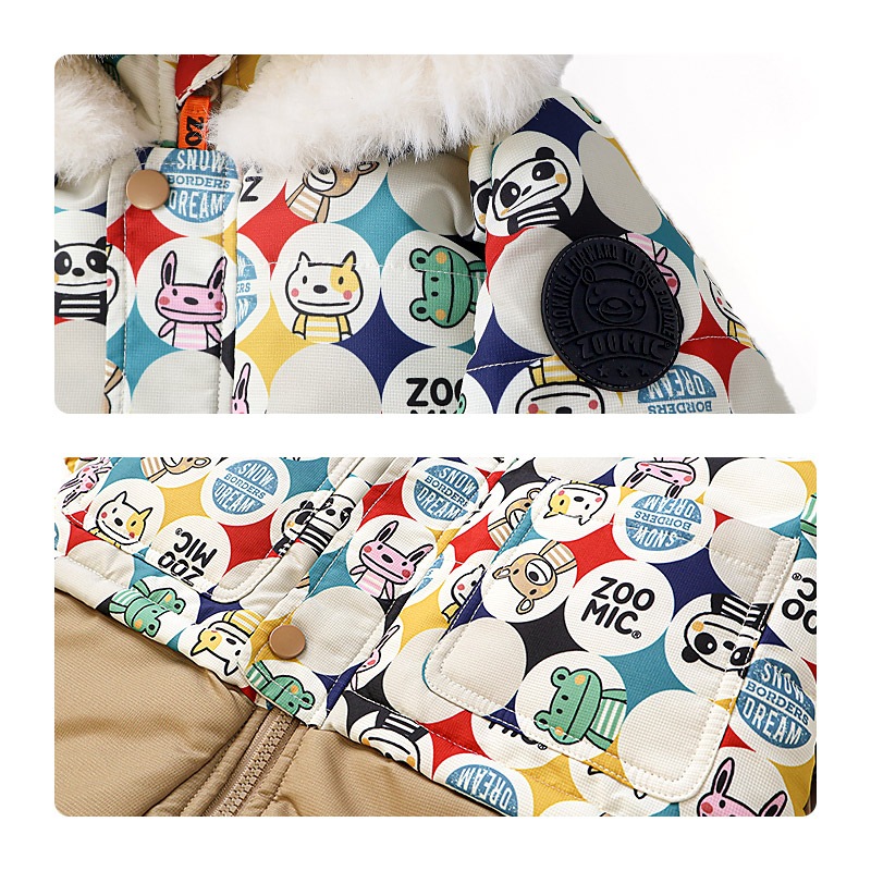 ジャンプスーツ ベビー キッズ 男の子 女の子 中綿入り 防寒 保温 撥水加工 ( 80-100cm )【 ZOOMIC ズーミック 】 ファー付き フード アウター ジャケット スノーウェア スキーウェア スノーコンビ つなぎ 雪遊び くま クマ ぱんだ パンダ 動物 総柄 80cm 90cm 95cm 100cm