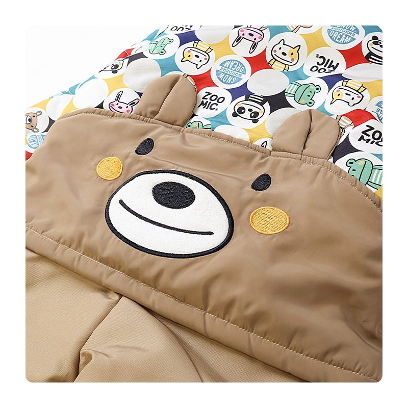 ジャンプスーツ ベビー キッズ 男の子 女の子 中綿入り 防寒 保温 撥水加工 ( 80-100cm )【 ZOOMIC ズーミック 】 ファー付き フード アウター ジャケット スノーウェア スキーウェア スノーコンビ つなぎ 雪遊び くま クマ ぱんだ パンダ 動物 総柄 80cm 90cm 95cm 100cm