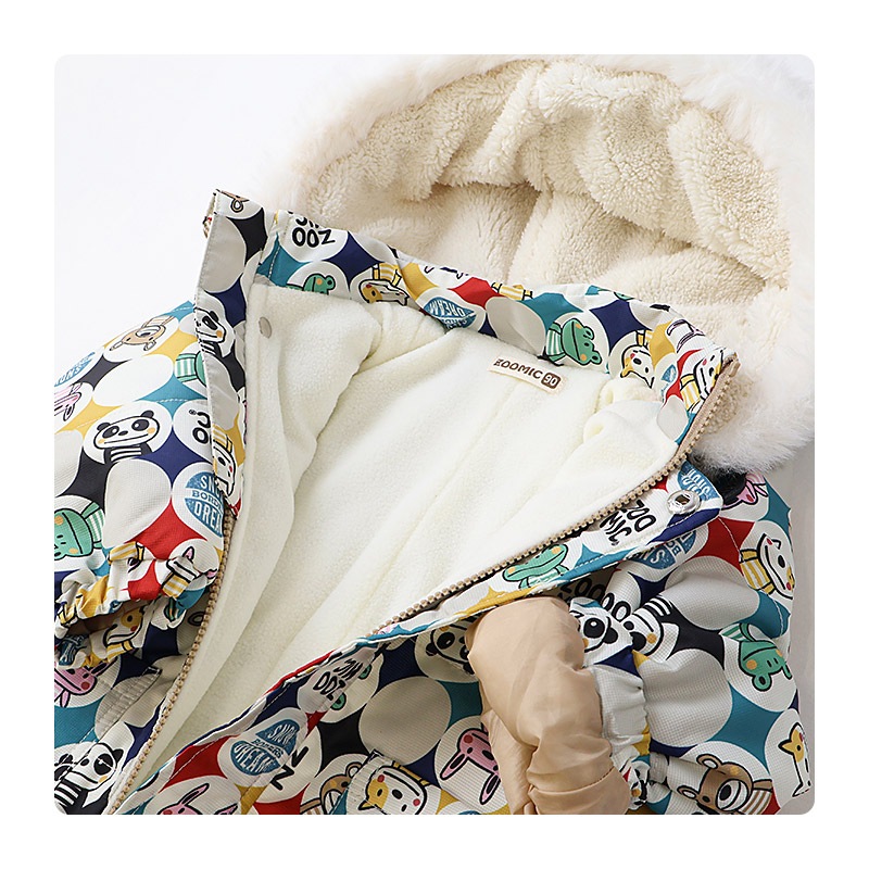 ジャンプスーツ ベビー キッズ 男の子 女の子 中綿入り 防寒 保温 撥水加工 ( 80-100cm )【 ZOOMIC ズーミック 】 ファー付き フード アウター ジャケット スノーウェア スキーウェア スノーコンビ つなぎ 雪遊び くま クマ ぱんだ パンダ 動物 総柄 80cm 90cm 95cm 100cm