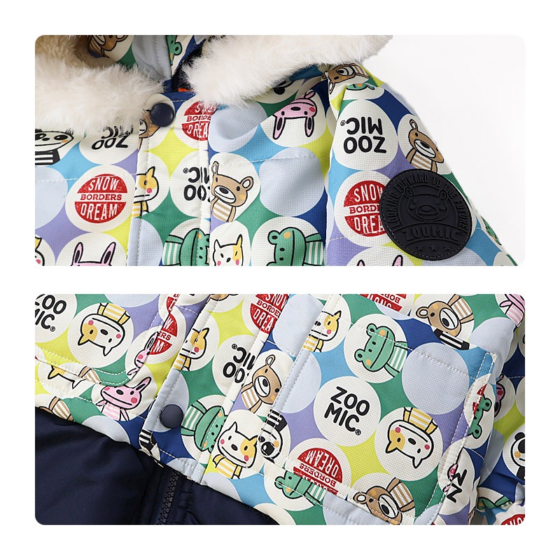 ジャンプスーツ ベビー キッズ 男の子 女の子 中綿入り 防寒 保温 撥水加工 ( 80-100cm )【 ZOOMIC ズーミック 】 ファー付き フード アウター ジャケット スノーウェア スキーウェア スノーコンビ つなぎ 雪遊び くま クマ ぱんだ パンダ 動物 総柄 80cm 90cm 95cm 100cm