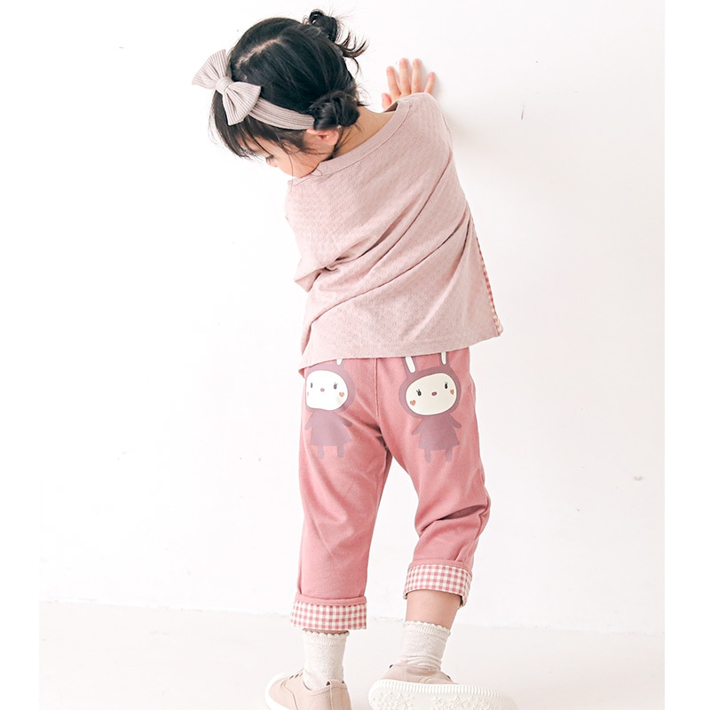 子供服 パンツ ウサギ プリント チェック 折り曲げ 7分丈 (80