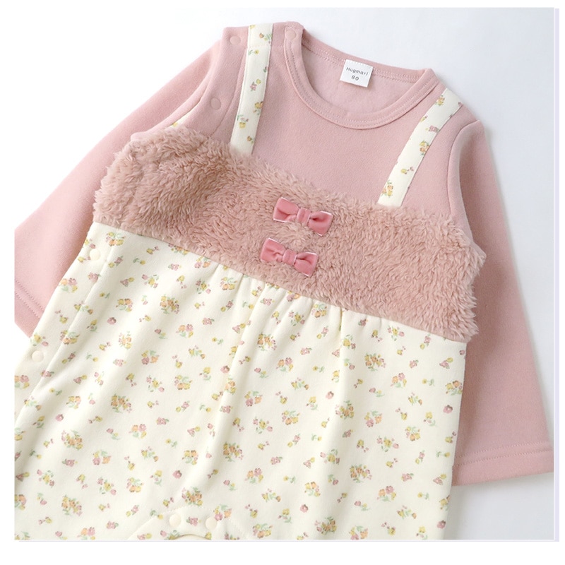 ベビー服 カバーオール おくるみ 長袖 ロンパース 裏起毛 ベビーウエア 女の子 小花 フラワー ガーリー サロペット 重ね着風 ( 70-80cm) 子供服 キッズ 新生児 乳児 幼児 乳幼児 出産祝い ギフト 前開き リボン 