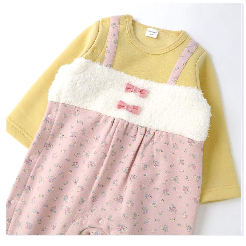 ベビー服 カバーオール おくるみ 長袖 ロンパース 裏起毛 ベビーウエア 女の子 小花 フラワー ガーリー サロペット 重ね着風 ( 70-80cm) 子供服 キッズ 新生児 乳児 幼児 乳幼児 出産祝い ギフト 前開き リボン 