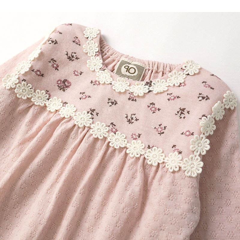 ガールズ ロンT 花柄 レース 切替 長袖 Tシャツ トップス チャーム付き 女の子 キッズ ベビー ( 80-130cm )【 UZULAND ウズランド 】 チュニック ブラウス 重ね着風 ジャカード くすみカラー カットソー ピンク アイボリー 秋物 80cm 90cm 95cm 100cm 110cm 120cm 130cm