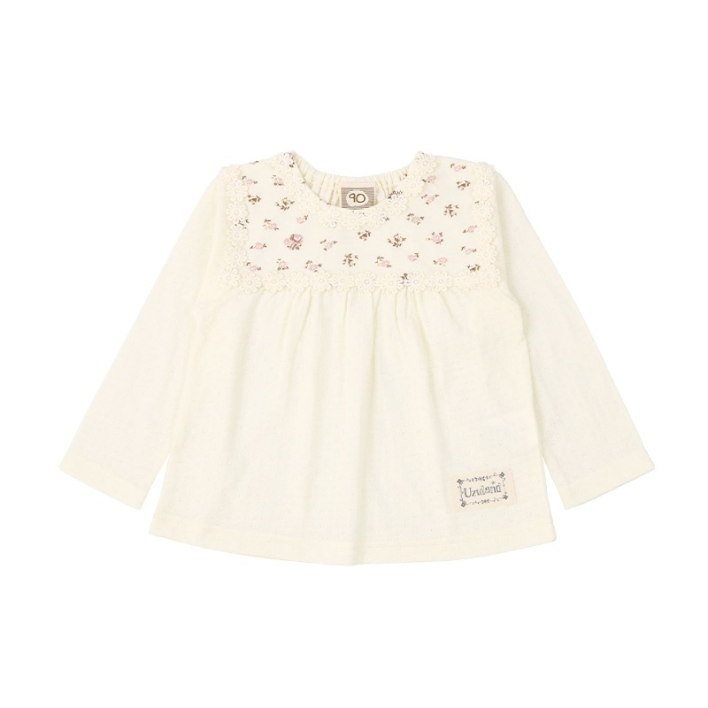 ガールズ ロンT 花柄 レース 切替 長袖 Tシャツ トップス チャーム付き 女の子 キッズ ベビー ( 80-130cm )【 UZULAND ウズランド 】 チュニック ブラウス 重ね着風 ジャカード くすみカラー カットソー ピンク アイボリー 秋物 80cm 90cm 95cm 100cm 110cm 120cm 130cm