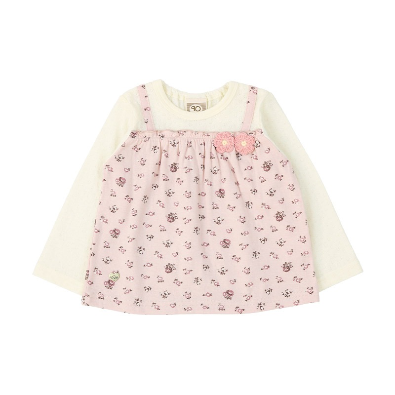 ガールズ ロンT 花柄 レース 切替 長袖 Tシャツ トップス チャーム付き 女の子 キッズ ベビー ( 80-130cm )【 UZULAND ウズランド 】 チュニック ブラウス 重ね着風 ジャカード くすみカラー カットソー ピンク アイボリー 秋物 80cm 90cm 95cm 100cm 110cm 120cm 130cm