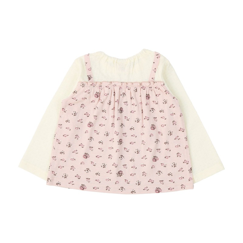 ガールズ ロンT 花柄 レース 切替 長袖 Tシャツ トップス チャーム付き 女の子 キッズ ベビー ( 80-130cm )【 UZULAND ウズランド 】 チュニック ブラウス 重ね着風 ジャカード くすみカラー カットソー ピンク アイボリー 秋物 80cm 90cm 95cm 100cm 110cm 120cm 130cm