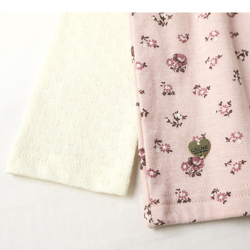 ガールズ ロンT 花柄 レース 切替 長袖 Tシャツ トップス チャーム付き 女の子 キッズ ベビー ( 80-130cm )【 UZULAND ウズランド 】 チュニック ブラウス 重ね着風 ジャカード くすみカラー カットソー ピンク アイボリー 秋物 80cm 90cm 95cm 100cm 110cm 120cm 130cm