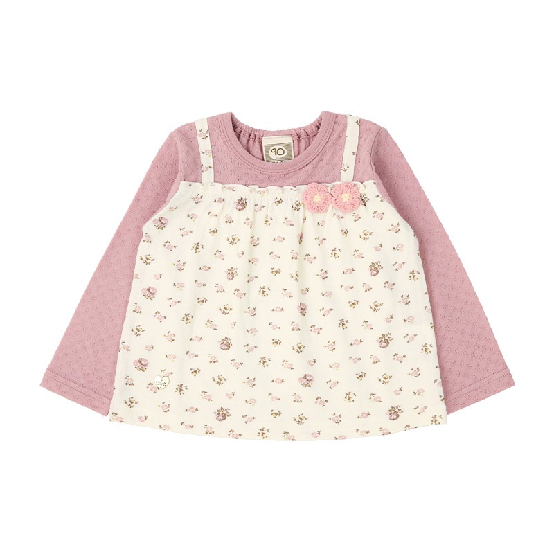 ガールズ ロンT 花柄 レース 切替 長袖 Tシャツ トップス チャーム付き 女の子 キッズ ベビー ( 80-130cm )【 UZULAND ウズランド 】 チュニック ブラウス 重ね着風 ジャカード くすみカラー カットソー ピンク アイボリー 秋物 80cm 90cm 95cm 100cm 110cm 120cm 130cm