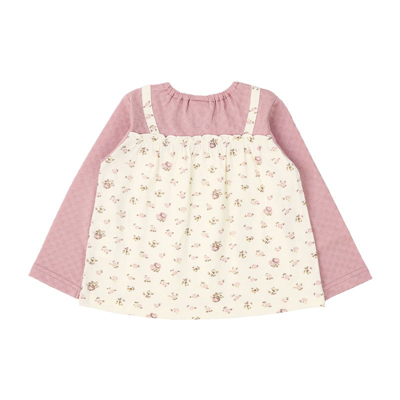ガールズ ロンT 花柄 レース 切替 長袖 Tシャツ トップス チャーム付き 女の子 キッズ ベビー ( 80-130cm )【 UZULAND ウズランド 】 チュニック ブラウス 重ね着風 ジャカード くすみカラー カットソー ピンク アイボリー 秋物 80cm 90cm 95cm 100cm 110cm 120cm 130cm