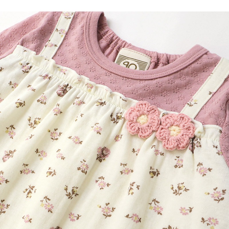 ガールズ ロンT 花柄 レース 切替 長袖 Tシャツ トップス チャーム付き 女の子 キッズ ベビー ( 80-130cm )【 UZULAND ウズランド 】 チュニック ブラウス 重ね着風 ジャカード くすみカラー カットソー ピンク アイボリー 秋物 80cm 90cm 95cm 100cm 110cm 120cm 130cm