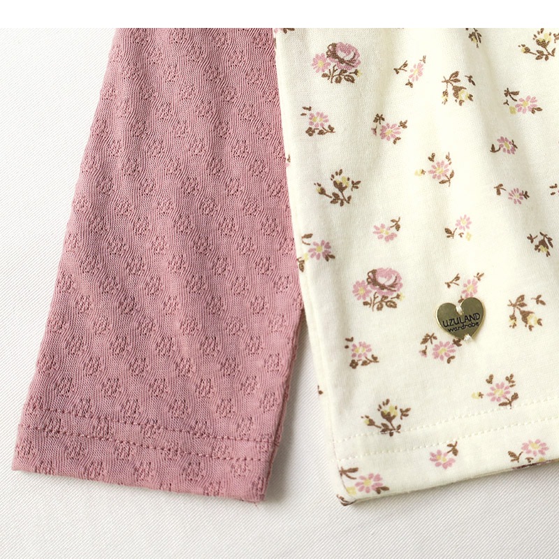 ガールズ ロンT 花柄 レース 切替 長袖 Tシャツ トップス チャーム付き 女の子 キッズ ベビー ( 80-130cm )【 UZULAND ウズランド 】 チュニック ブラウス 重ね着風 ジャカード くすみカラー カットソー ピンク アイボリー 秋物 80cm 90cm 95cm 100cm 110cm 120cm 130cm
