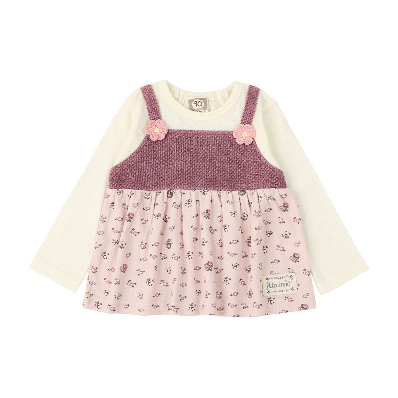 ガールズ ロンT 花柄 レース 切替 長袖 Tシャツ トップス チャーム付き 女の子 キッズ ベビー ( 80-130cm )【 UZULAND ウズランド 】 チュニック ブラウス 重ね着風 ジャカード くすみカラー カットソー ピンク アイボリー 秋物 80cm 90cm 95cm 100cm 110cm 120cm 130cm