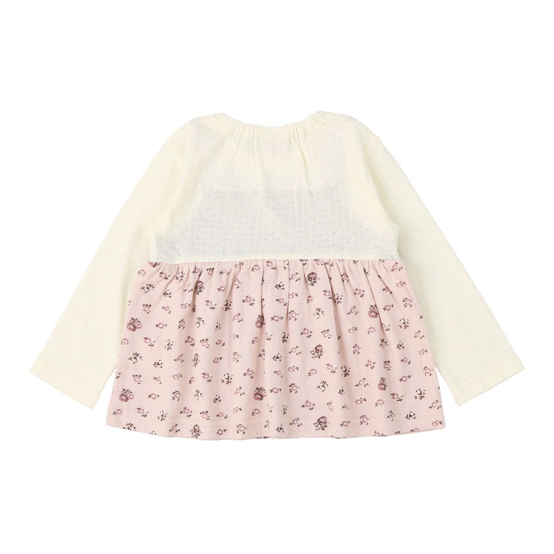 ガールズ ロンT 花柄 レース 切替 長袖 Tシャツ トップス チャーム付き 女の子 キッズ ベビー ( 80-130cm )【 UZULAND ウズランド 】 チュニック ブラウス 重ね着風 ジャカード くすみカラー カットソー ピンク アイボリー 秋物 80cm 90cm 95cm 100cm 110cm 120cm 130cm