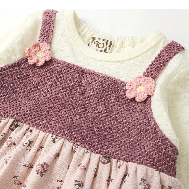 ガールズ ロンT 花柄 レース 切替 長袖 Tシャツ トップス チャーム付き 女の子 キッズ ベビー ( 80-130cm )【 UZULAND ウズランド 】 チュニック ブラウス 重ね着風 ジャカード くすみカラー カットソー ピンク アイボリー 秋物 80cm 90cm 95cm 100cm 110cm 120cm 130cm