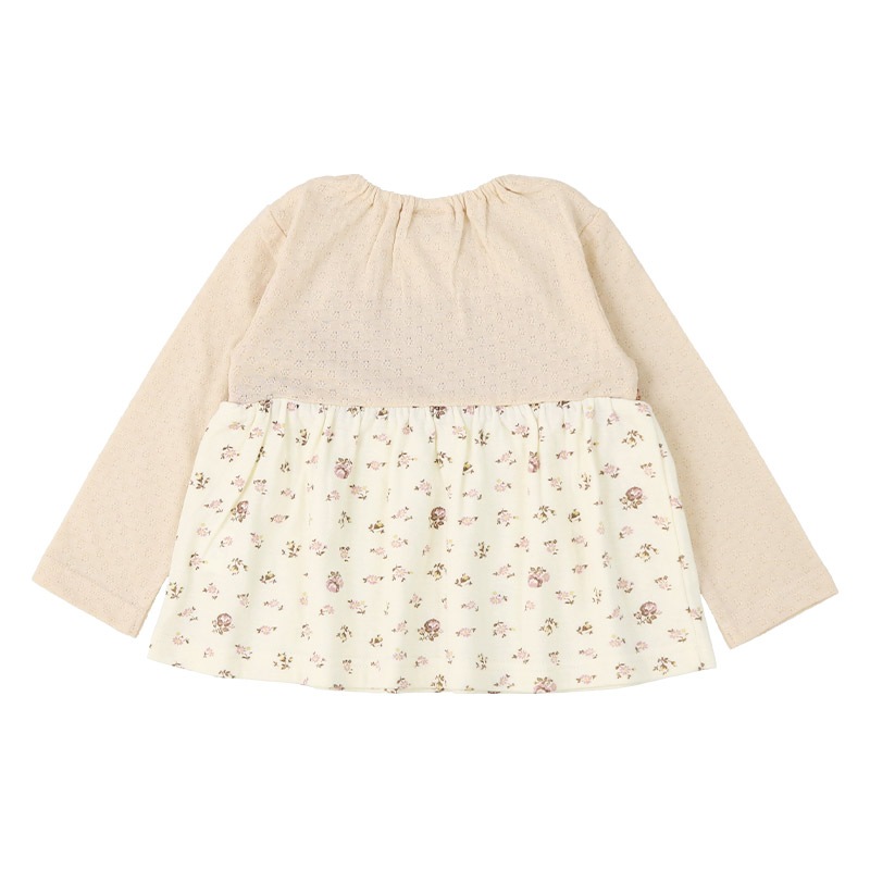 ガールズ ロンT 花柄 レース 切替 長袖 Tシャツ トップス チャーム付き 女の子 キッズ ベビー ( 80-130cm )【 UZULAND ウズランド 】 チュニック ブラウス 重ね着風 ジャカード くすみカラー カットソー ピンク アイボリー 秋物 80cm 90cm 95cm 100cm 110cm 120cm 130cm