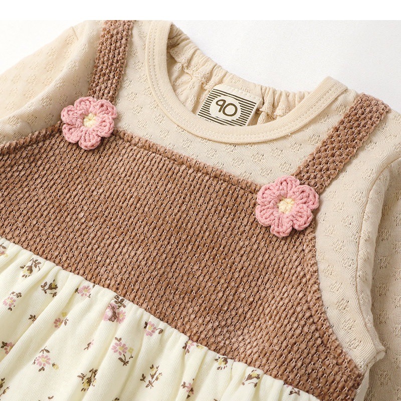 ガールズ ロンT 花柄 レース 切替 長袖 Tシャツ トップス チャーム付き 女の子 キッズ ベビー ( 80-130cm )【 UZULAND ウズランド 】 チュニック ブラウス 重ね着風 ジャカード くすみカラー カットソー ピンク アイボリー 秋物 80cm 90cm 95cm 100cm 110cm 120cm 130cm