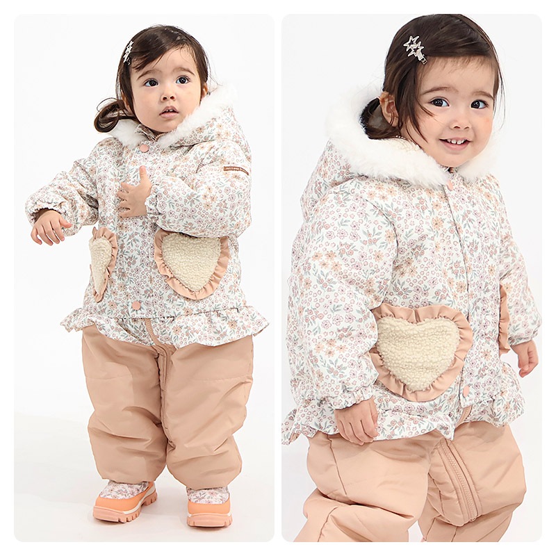 ジャンプスーツ ベビー キッズ 女の子 男の子 中綿入り 防寒 保温 撥水加工 ( 80-100cm ) ファー付き フード アウター ジャケット スノーウェア スキーウェア スノーコンビ つなぎ 雪遊び うさぎ 動物 チェック 花 小花 フラワー ダッフルコート 80cm 90cm 95cm 100cm